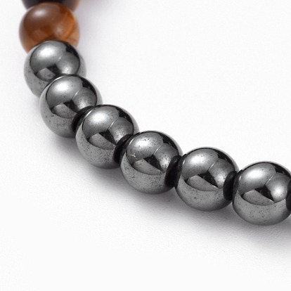 Unisex Natural Gemstone Stretch Bracelets, with Non-Magnetic Synthetic Hematite Beads, Round