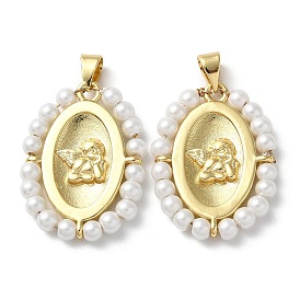 Rack Plating Brass Pendants, with Plastic Imitation Pearls, Cadmium Free & Lead Free, Oval with Angel Charm