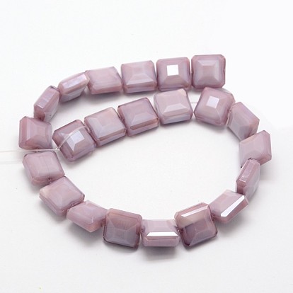 Pearl Luster Plated Glass Beads Strands, Faceted Square, 13x13x7mm, Hole: 1mm, about 22pcs/strand, 11 inch