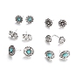 6 Pairs 6 Style Flower & Heart & Teardrop Synthetic Turquoise Stud Earrings with Rhinestone, Alloy Jewelry for Women