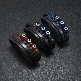 Leather Four Layer Multi-strand Bracelet, Resin Evil Eye Bracelet with Magnetic Clasp