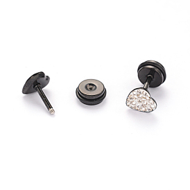 304 Stainless Steel Heart Earlobe Plugs, Screw Back Earrings, with Polymer Clay Rhinestone, 7x7mm, Pin: 1mm