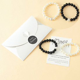 Creative Black and White Pearl Beaded Diamond Couple Elastic Bracelet