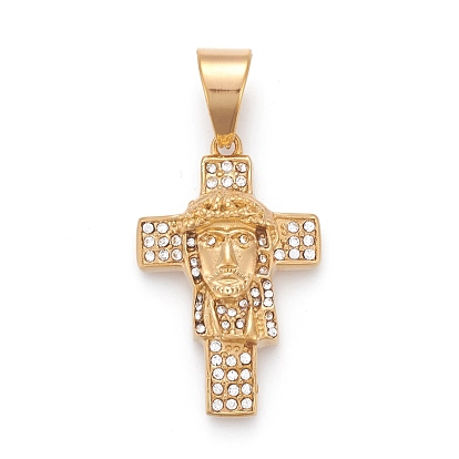 Easter 304 Stainless Steel Pendants, with Crystal Rhinestone, Cross with Jesus