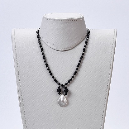 Spiral Shell Pendant Necklaces, with Non-magnetic Synthetic Hematite Beads and Natural Lava Rock Beads and 304 Stainless Steel Findings, Burlap Drawstring Bags