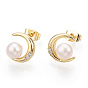 Natural Pearl Stud Earrings with Cubic Zirconia, Brass Moon Earrings with 925 Sterling Silver Pins