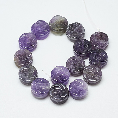 Carved Natural Amethyst Beads Strands, Flat Round with Rose