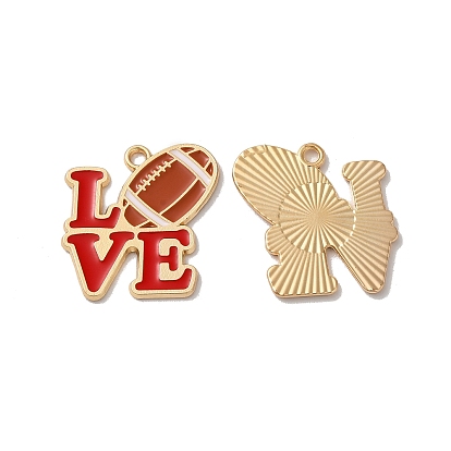 Alloy Enamel Pendants, Cadmium Free & Nickel Free & Lead Free, Light Gold, Word LOVE with Rugby Charm