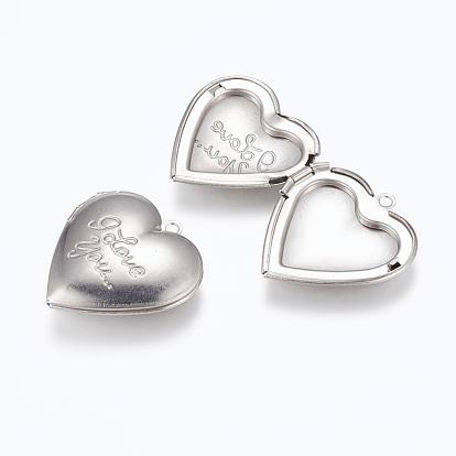 316 Stainless Steel Locket Pendants, Photo Frame Charms for Necklaces, Heart with Phrase I Love You, For Valentine's Day