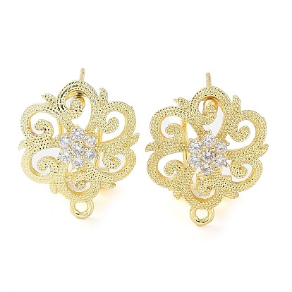 Flower Brass Micro Pave Cubic Zirconia Stud Earrings Finding, with Horizontal Loops, Cadmium Free & Lead Free