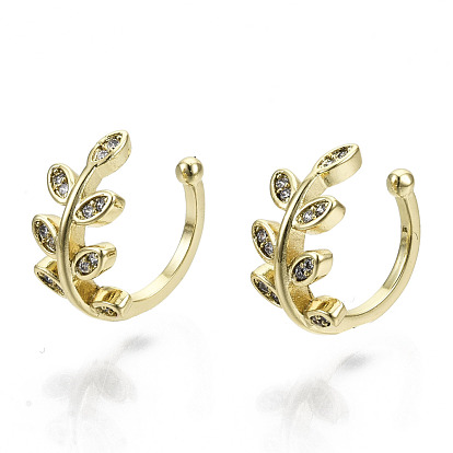 Brass Micro Pave Cubic Zirconia Cuff Earrings,  Nickel Free, Leafy Branches, Real 16K Gold Plated
