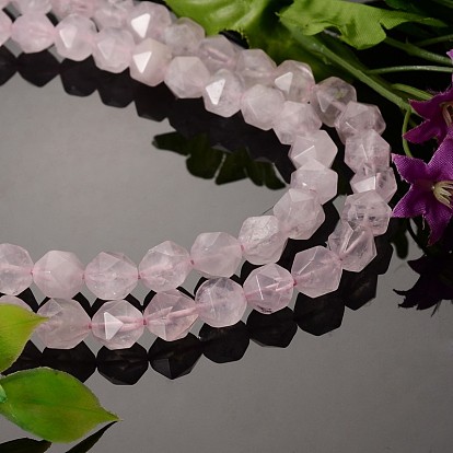 Faceted Natural Rose Quartz Gemstone Bead Strands, Star Cut Round Beads
