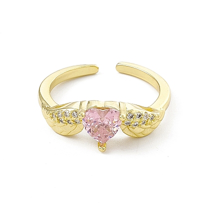 Pink Cubic Zirconia Heart with Wing Open Cuff Ring, Rack Plating Brass Jewelry for Women, Cadmium Free & Lead Free