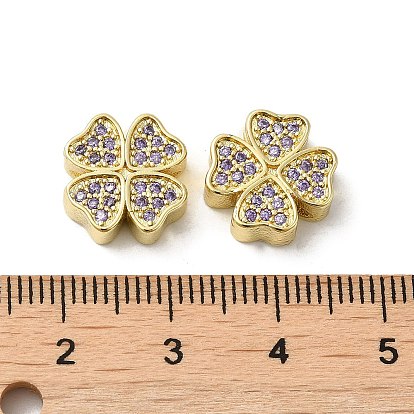 Rack Plating Brass Micro Pave Cubic Zirconia Beads, Long-Lasting Plated, Lead Free & Cadmium Free, Clover