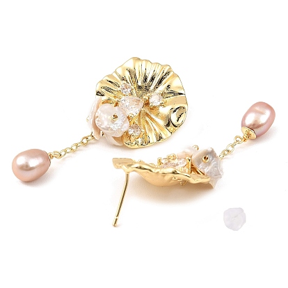 Brass Lotus Leaf Dangle Stud Earrings, Natural Pearl Tassel Earrings for Women