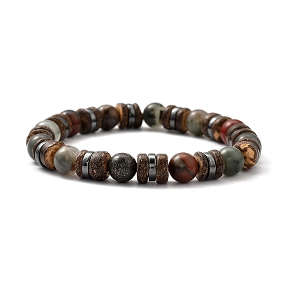 Bracelets élastiques de pierres fines, avec des perles de noix de coco naturelles et des perles d'hématite synthétiques non magnétiques