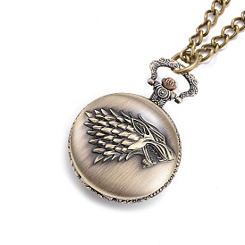 Carved Alloy Flat Round Pendant Necklace Quartz Pocket Watch, with Iron Chains and Lobster Claw Clasps