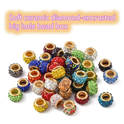 40Pcs Polymer Clay Rhinestone European Beads, with Golden Tone Brass Double Cores, Large Hole Beads, Rondelle