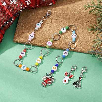 3pcs chaînes de compteur de rangées de tricot sur le thème de Noël et kits de marqueurs de points de verrouillage, avec des pendantifs en alliage d'émail, cloche/bonhomme de neige