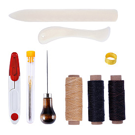 Kits d'artisanat en cuir, y compris le fil de coton ciré, raineur en plastique, aiguilles à coudre, boîte de rangement pour aiguilles à coudre, alêne, anneau, ciseaux