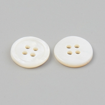 Natural 4-Hole Freshwater Shell Buttons, Flat Round