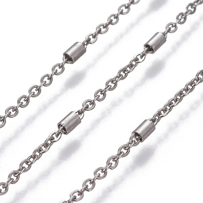 304 Stainless Steel Cable Chains, with Column Beads, Unwelded, Flat Oval