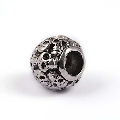 Retro Rondelle Skull 304 Stainless Steel European Large Hole Beads, 12x12mm, Hole: 5mm