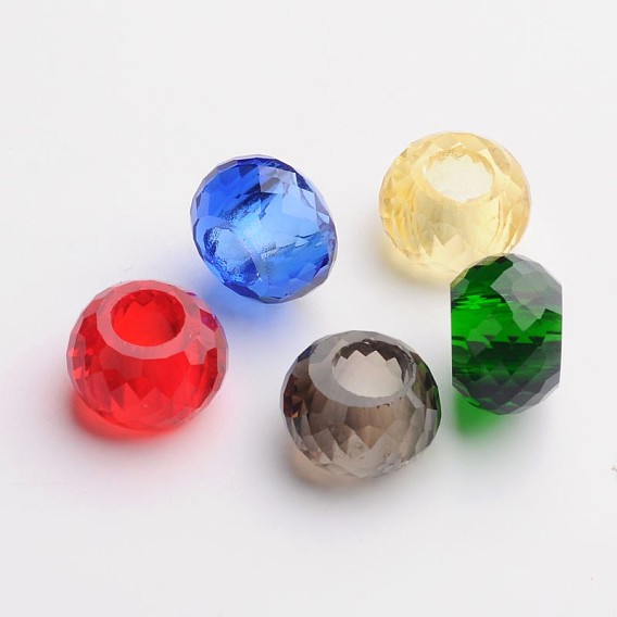 128 verre à facettes rondelle européen perles grand trou, pas de noyau métallique, 13x8.5mm, Trou: 6mm