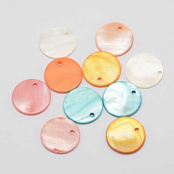 Dyed Natural Flat Round Shell Pendant, 20x2mm, Hole: 2mm