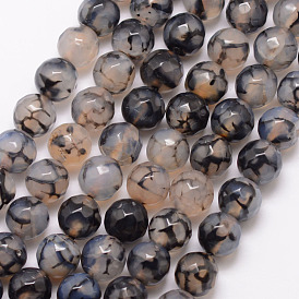 Natural Dragon Veins Agate Bead Strands, Round, Grade A, Faceted, Dyed & Heated