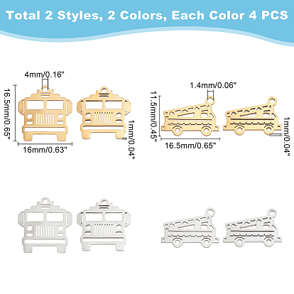 Unicraftale 16 pcs 4 styles 201 pendentifs en acier inoxydable, Coupe au laser, grue et camion