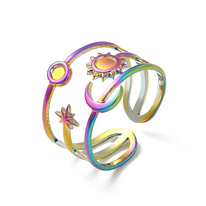 Étoile & lune & soleil 304 anneaux de manchette ouverts en acier inoxydable, sertissage bague avec plateau rond