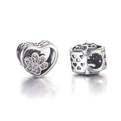 Hollow Antique Silver Plated 925 Sterling Silver European Beads, Large Hole Beads, with Cubic Zirconia, with 925 Stamp, Heart with Dog Paw Prints