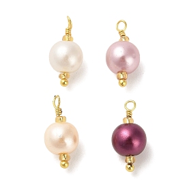 ABS Plastic Imitation Pearl Pendants, with Real 18K Gold Plated Rack Plating Brass Findings and Glass Seed Beads, Round Charm