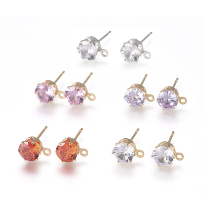 Brass Stud Earring Findings, with 316 Surgical Stainless Steel Pin, Cubic Zirconia and Loop, Long-Lasting Plated, Flat Round