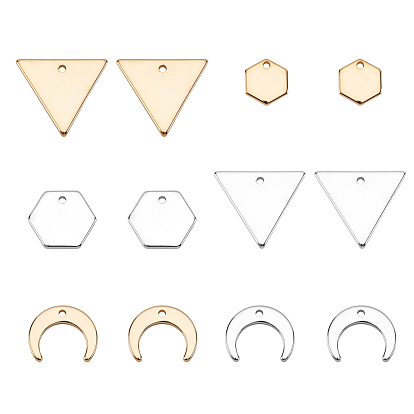 BENECREAT 48Pcs 4 Style Brass Charms, Long-Lasting Plated, Nickel Free, Loops, Moon & Triangle & Hexagon