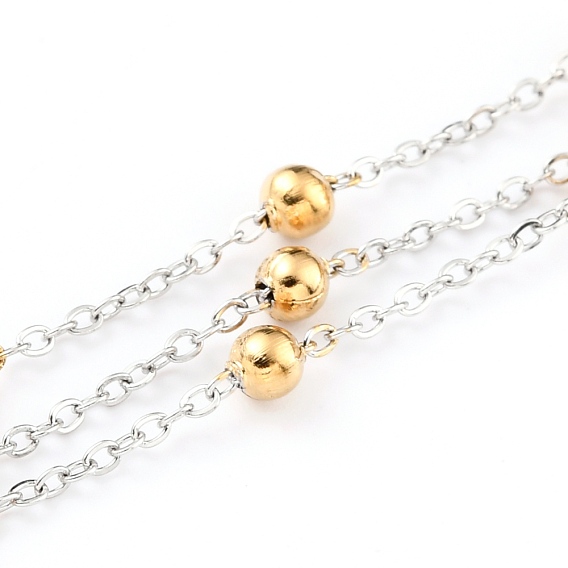 Two Tone 304 Stainless Steel Cable Chains, with Round Beads and Spool, Soldered