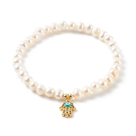 Brass Micro Pave Cubic Zirconia Stretch Charm Bracelets, with Enamel and Round Natural Pearl Beads, Hamsa, White