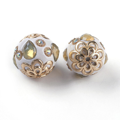Handmade Indonesia Beads, with Metal Findings and Rhinestones, Light Gold Color Plated, Round