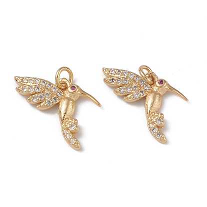 Rack Plating Brass Micro Pave Cubic Zirconia Charms, Hummingbird, Cadmium Free & Lead Free, with Jump Ring