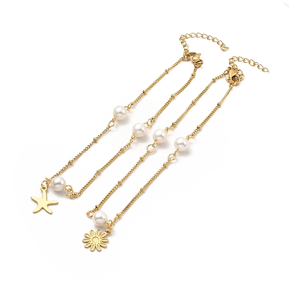 CCB Pearl Link Anklet, Golden 304 Stainless Steel Charms Anklet with Satellite Chains for Women
