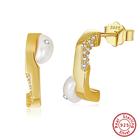 925 Sterling Silver Stud Earrings, Half Hoop Earrings with Natural Pearl and Cubic Zirconia, with S925 Stamp