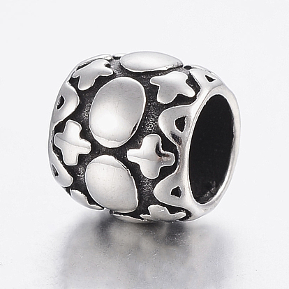 304 Stainless Steel European Beads, Large Hole Beads, Barrel with Oval and Cross