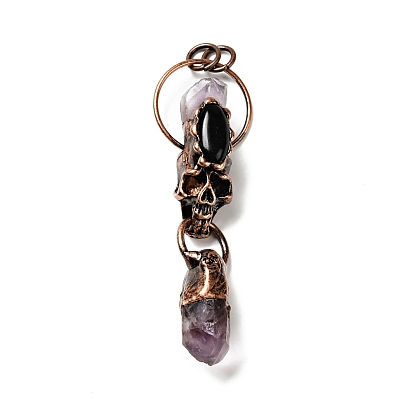 Natural Amethyst & Black Onyx Nuggets Big Pendants, Large Hole Pendants, with Red Copper Tone Brass Findings, Cadmium Free & Lead Free, Skull with Bullet, Mixed Dyed and Undyed