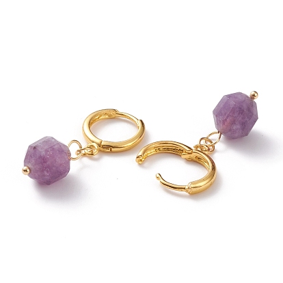 Brass Huggie Hoop Earrings, with Faceted Round Natural Gemstone Beads, Golden