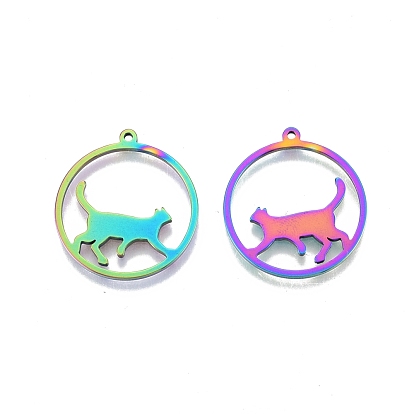 201 Stainless Steel Pendants, Ring with Cat