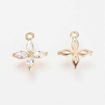 Real 18K Gold Plated Brass Cubic Zirconia Charms, Flower, Nickel Free
