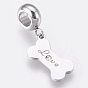 Ion Plating(IP) 304 Stainless Steel European Dangle Charms, Large Hole Pendants, with Rhinestone, Bone with Word Love