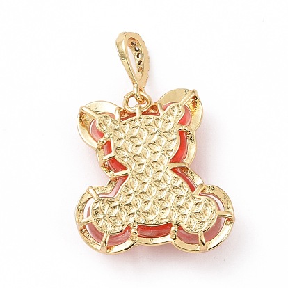Translucent Resin Pendants, Bear with Bowknot Charm, with Brass Micro Pave Clear Cubic Zirconia, Cadmium Free & Lead Free, Real 18K Gold Plated