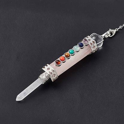 Gemstone Pointed Dowsing Pendulums, Bullet Charm, with Brass Chain & Lobster Claw Clasps, Natural Quartz Crystal Tip, Gemstone & Glass Cabochons